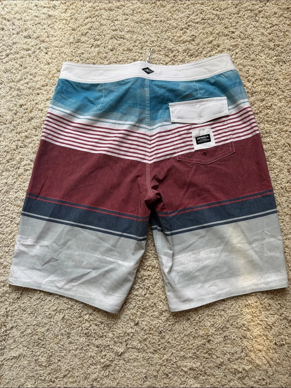 O'Neill Men's Striped Boardshorts in Teal, Maroon and Gray, Men’s waist size 30